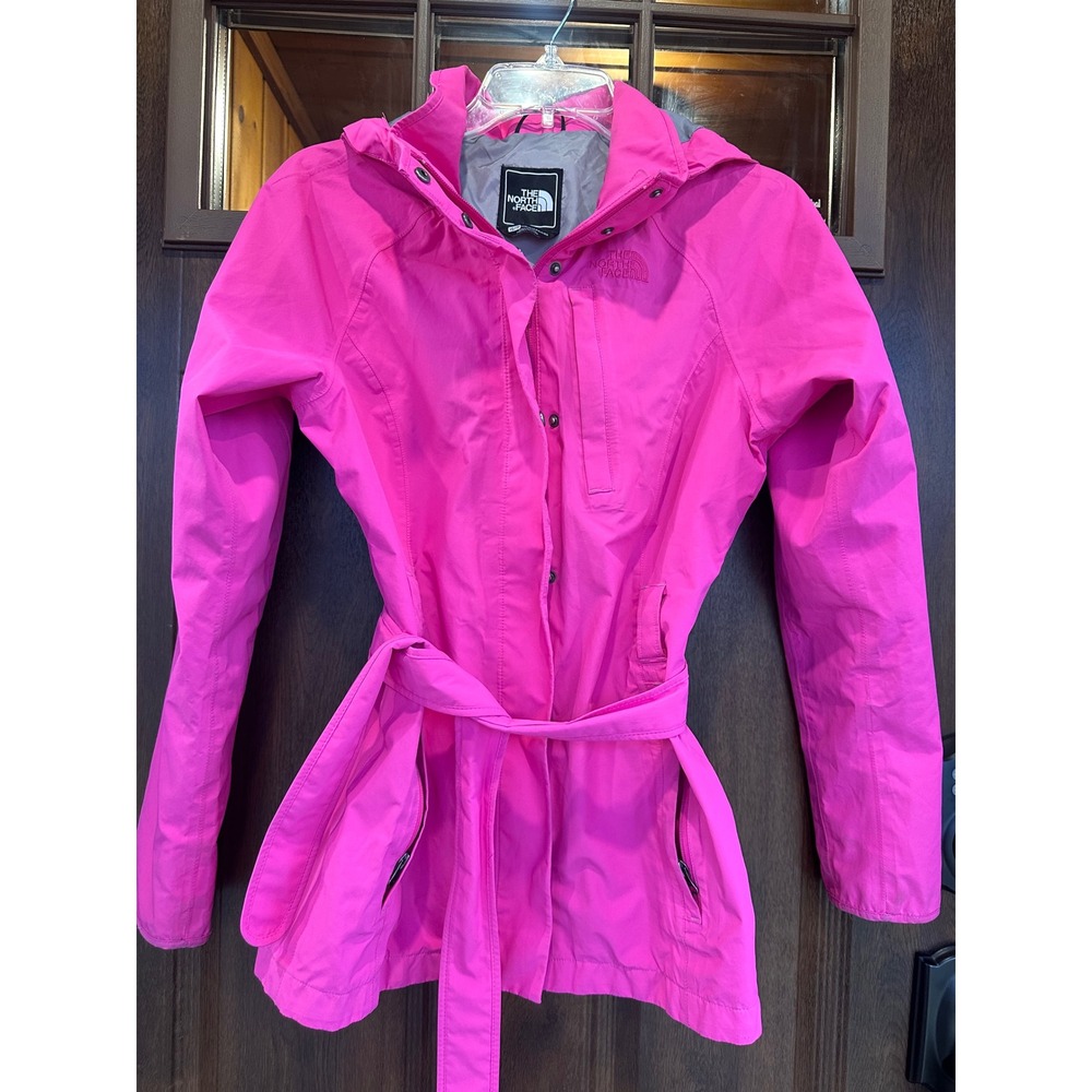 The North Face Women's Bright Pink Hooded Belted Lined Raincoat |‎ Hyvent | XS